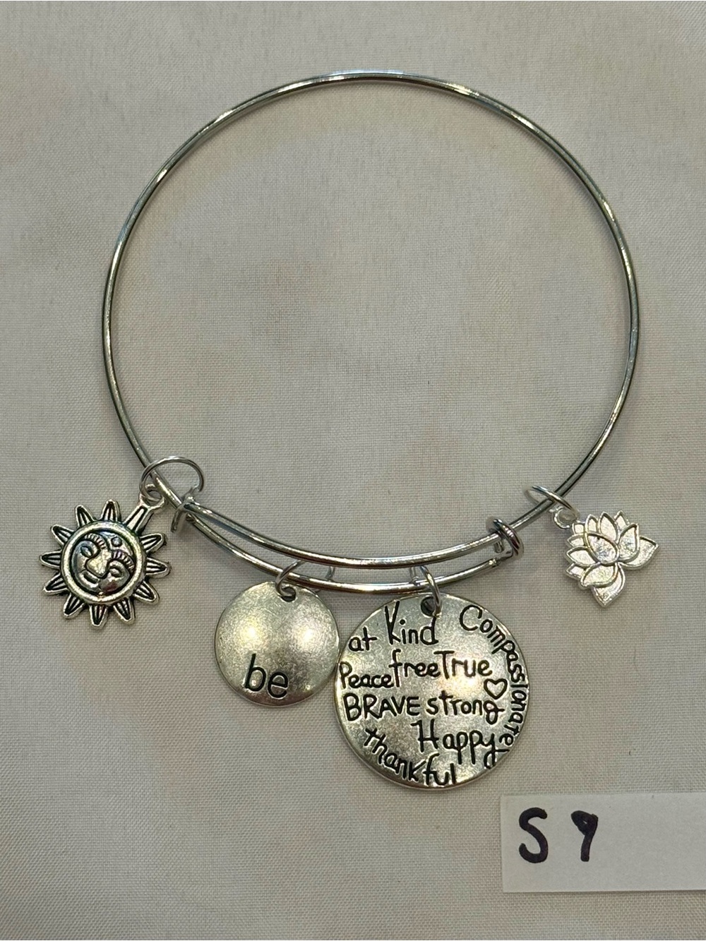 S9 Be Kind Lotus Love Brave Charm Bangle Bracelet